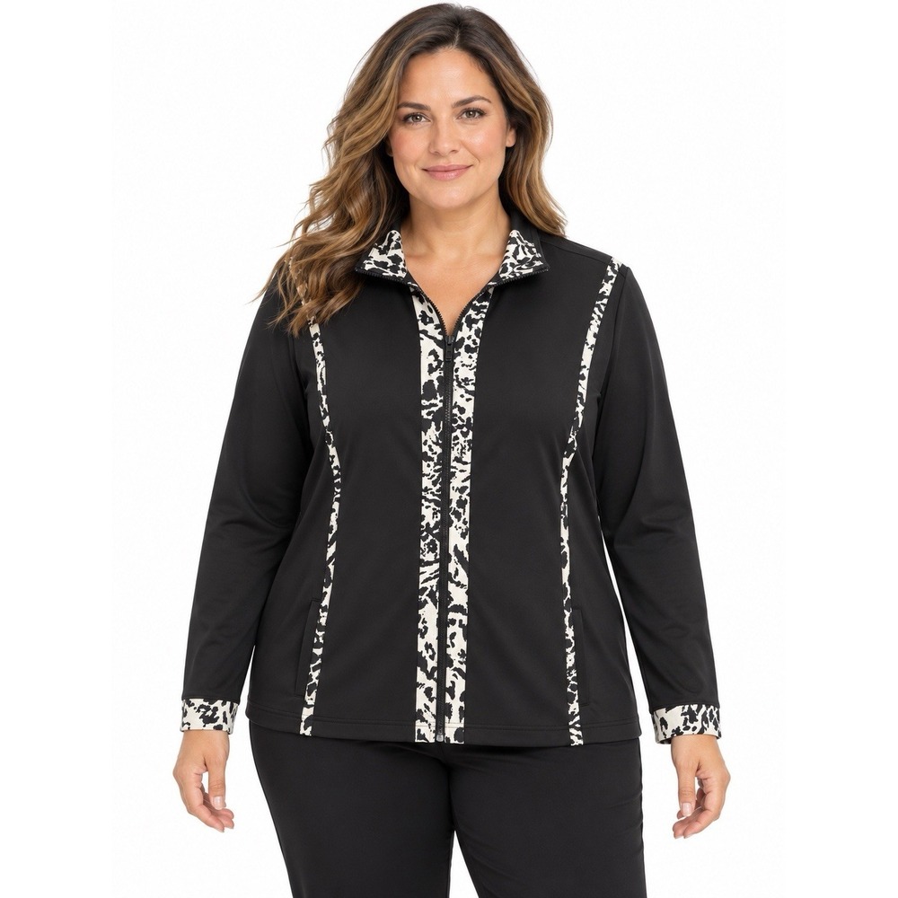 Chicos Zenergy Jacket Womens 3 XL Black Animal Print Trim Full Zip Stretch